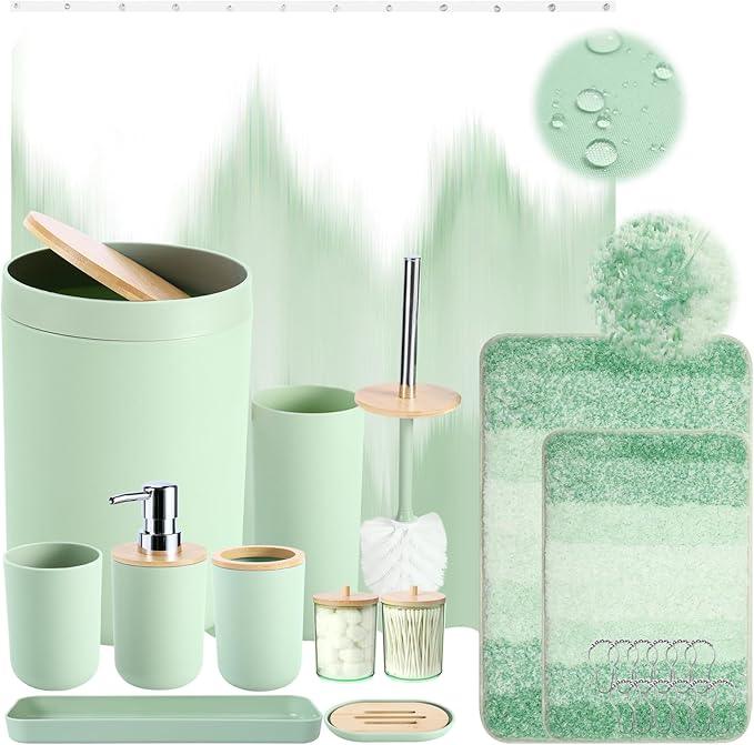 iMucci Bathroom Accessories Green Bathroom Sets with Shower Curtain and Rug, Green Ombre Waterproof Shower Curtain with Ultra Absorbent Rug Bathroom Accessories Set for Home Decor - ModernBath