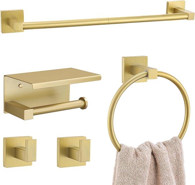 5-Piece Bathroom Hardware Set Brushed Gold Bathroom Hardware Accessories Set Upgraded Toilet Paper Holder with Shelf Towel Holder Set for Bathroom Stainless Steel Wall Mounted - ModernBath
