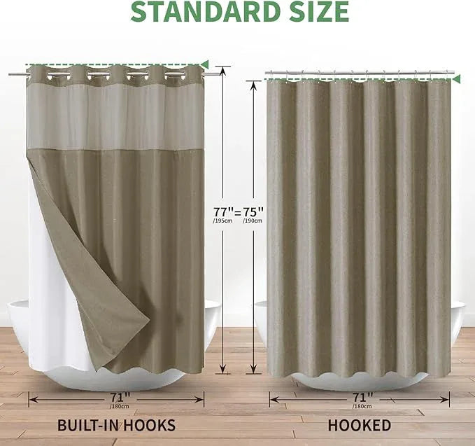 eachope No Hook Shower Curtain with Snap-in Fabric Liner Set,Slub Textured Fabric Shower Curtains for Bathroom,Hotel Style Modern Shower Curtain,Water Repellent & Washable,71x77(75),Tan/Khaki - ModernBath