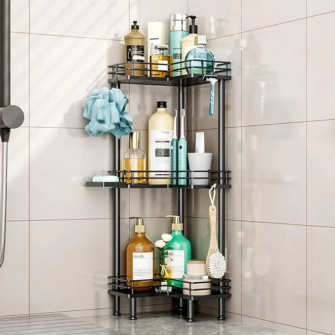 HapiRm Corner Shower Caddy Standing - 3 Tier Shower Organizer Corner with Soap Holder, Rustproof Bathroom Standing Organizer with 4 Hooks, Black - ModernBath