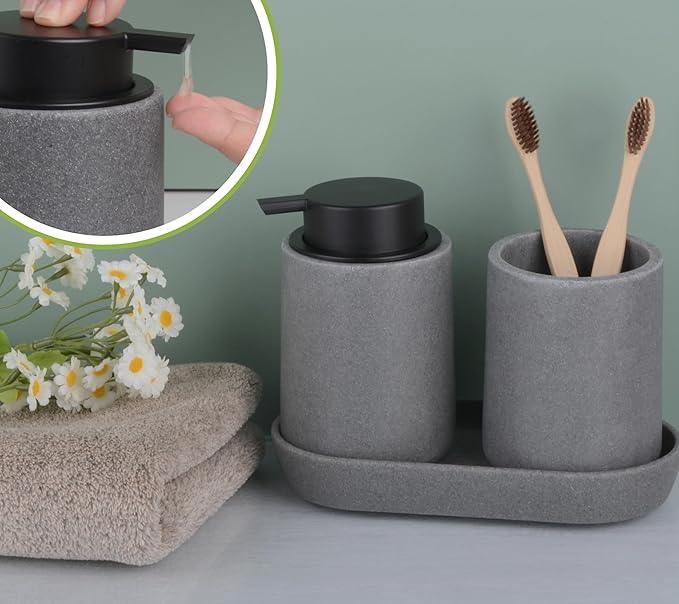 Clasin Home Grey Bathroom Accessories Set, 3 Pcs Resin Bathroom Accessories Complete Set, Sandstone Look Soap Dispenser with Large Pump, Toothbrush Cup, Soap Dish for Modern Home Decor and Kitchen - ModernBath