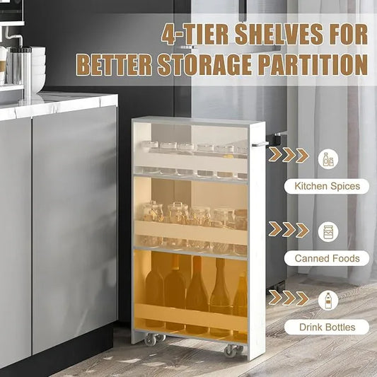 Giantex Slim Storage Cart 4 Tier, Rolling Narrow Island Cart, Side Cabinet w/Handle, Space Saving Trolley, Kitchen Utility Cart Tower Rack for Dining Room Laundry Room Bathroom, White - ModernBath