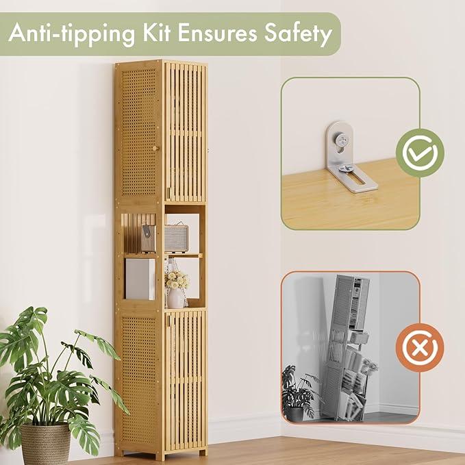 Amazer 70'' Tall Bathroom Storage Cabinet Bamboo, Narrow Storage Cabinet with Rattan Doors and Adjustable Shelves, Slim Freestanding Organizer for Living Room, Kitchen, Natural Color - ModernBath