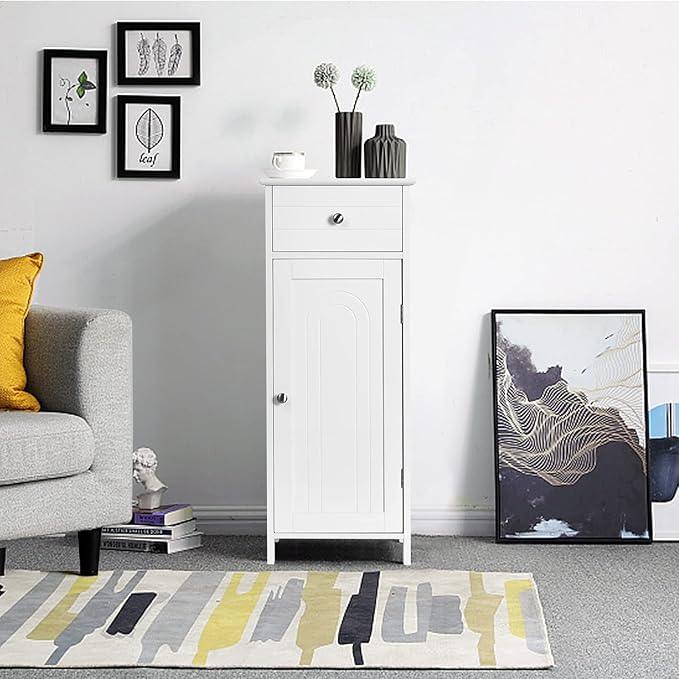 GOFLAME Bathroom Storage Cabinet, Freestanding Wooden Storage Cabinet with Large Drawer, 2 Float Shelves with 7 Positions, Bathroom Floor Cabinet Organizer for Living Room, White - ModernBath