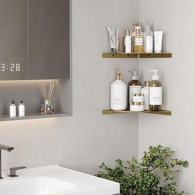 2 Pack Corner Shower Shelves Load Capacity 40 lbs 304 Stainless Steel Shower Corner Shelf Will not Rust 8in Shower Shelf for Inside Shower Brushed Gold Drilling Installation - ModernBath