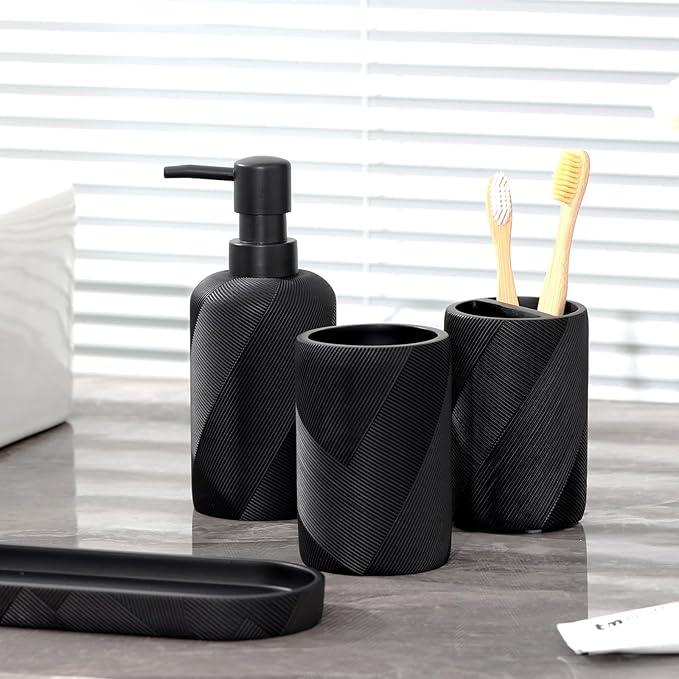 Bathroom Accessories Set, Bathroom Organizer Countertop, Soap Dispenser and Toothbrush Holder, Mouthwash Cup, Tray Set, Vanity Tray for Bathroom, 4 Pieces Modern Decor (Matte Black) - ModernBath