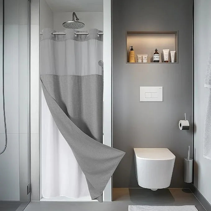 eachope Grey No Hook Waffle Weave Shower Curtain with snap-in Liner Replacement, 230GSM Waterproof Fabric Hotel Shower Curtain Set for Bathroom, Through Mesh Top Window,36Wx74H - ModernBath