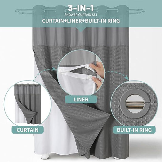 eachope Grey No Hook Waffle Weave Shower Curtain with snap-in Liner Replacement, 230GSM Waterproof Fabric Hotel Shower Curtain Set for Bathroom, Through Mesh Top Window,71Wx92H - ModernBath