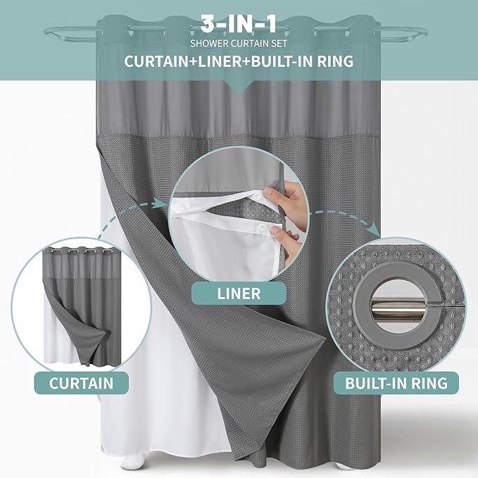 eachope Grey No Hook Waffle Weave Shower Curtain with snap-in Liner Replacement, 230GSM Waterproof Fabric Hotel Shower Curtain Set for Bathroom, Through Mesh Top Window,36Wx74H - ModernBath