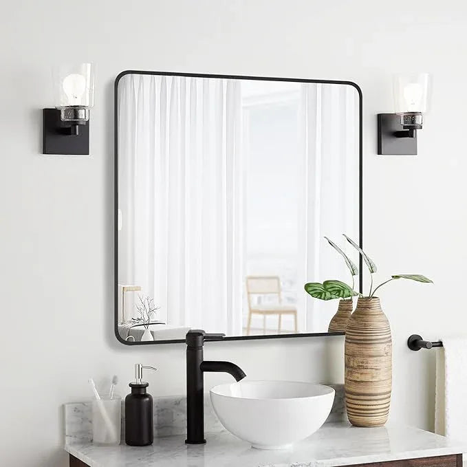 Bonverre 30x30 Inch Rectangle Bathroom Mirror with Black Metal Frame, Rounded Corner Rectangular Vanity Mirror for Wall, Modern Large for Bedroom, Living Room, Horizontal or Vertical - ModernBath