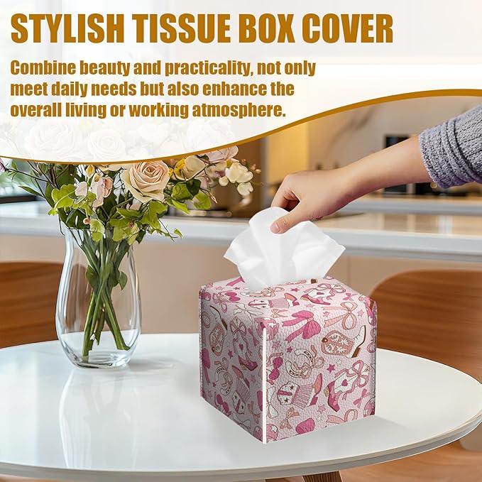 Western Cowgirl Tissue Box Cover 2PCS, Leather Tissue Box Holder Square Facial Paper Case Tissue Box Cube Organizer for Bathroom Bedroom Desk Office - ModernBath