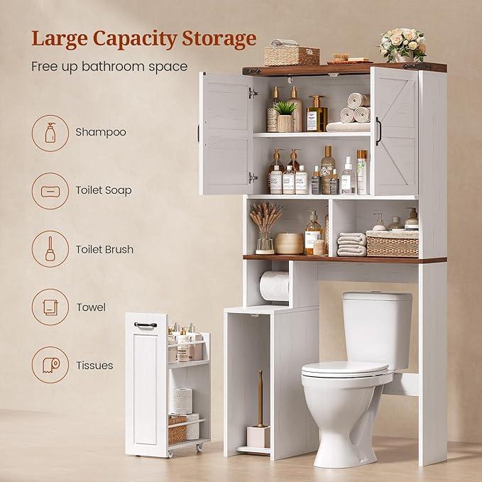 Farmhouse Over The Toilet Storage Cabinet with Pulley Small Bathroom Storage Cabinet, Space Saver W/Adjustable Shelf & Open Shelf for Bathroom, Restroom, Laundry (White Brown-Type B) - ModernBath