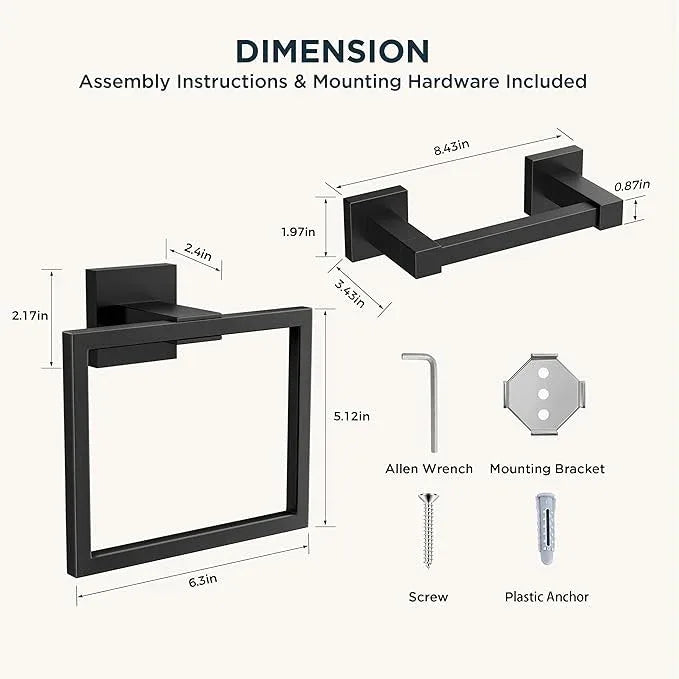 FORIOUS Toilet Paper Holder Set Wall Mount, SUS 304 Stainless Steel Pivoting Toilet Paper Holder and Towel Ring, Hand Towel Holder Set for Bathroom, Square Bathroom Hardware Set, Matte Black - ModernBath