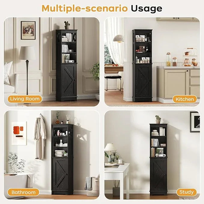 Narrow Bathroom Storage Cabinet with Door and Open Adjustable Shelves, 60.9" H Wooden Tall Tower Corner Farmhouse Cabinet, Freestanding Organizer for Kitchen, Entryway Black - ModernBath