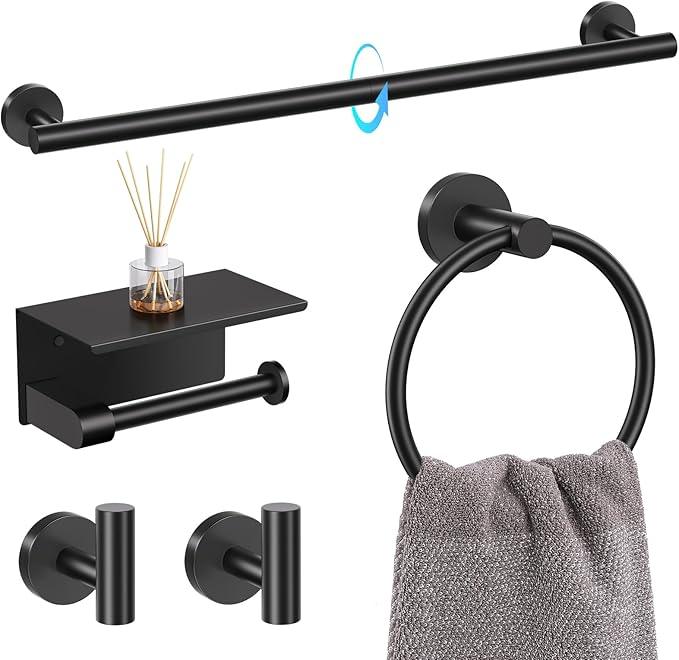 TQKAG 5 Piece Bathroom Towel Bar Holder Sets Matte Black Bathroom Hardware Set Stainless Steel Toilet Paper Holder with Shelf Bathroom Accessories Kit Wall Mounted - ModernBath