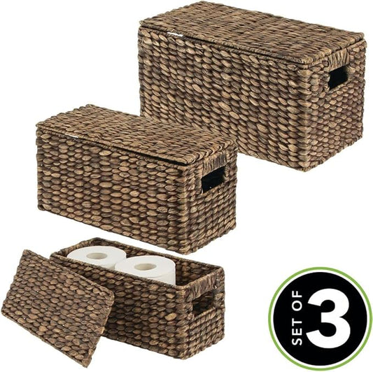 mDesign Woven Water Hyacinth Rectangle Storage Organizer Basket Bin with Topper Lid and Handles - Natural Farmhouse Holder Containers for Closet, Bedroom, Bathroom, Office - Set of 3 - Dark Brown