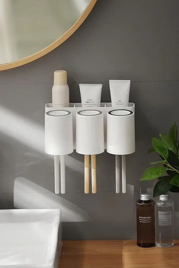 FLAUVEL Wall-Mounted Toothbrush and Toothpaste Holder - Self-Draining Design, Easy Installation, Space-Saving, White (Triple - Three Normal Cups) - ModernBath