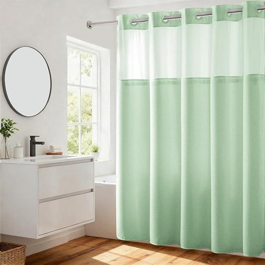 River Dream Heavyweight No Hooks Required Dotted Waffle Weave Shower Curtain with Snap in Liner - 71W x 74H,Hotel Grade,Spa Like Bath Curtain,Green Light - ModernBath