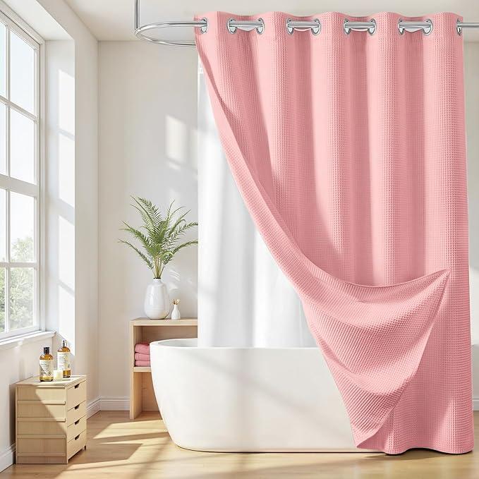 River Dream Hotel Grade No Hooks Needed Shower Curtain with Snap in Liner,Water Repellent, Machine Washable (Pink, 71"x74"(W/Liner)) - ModernBath