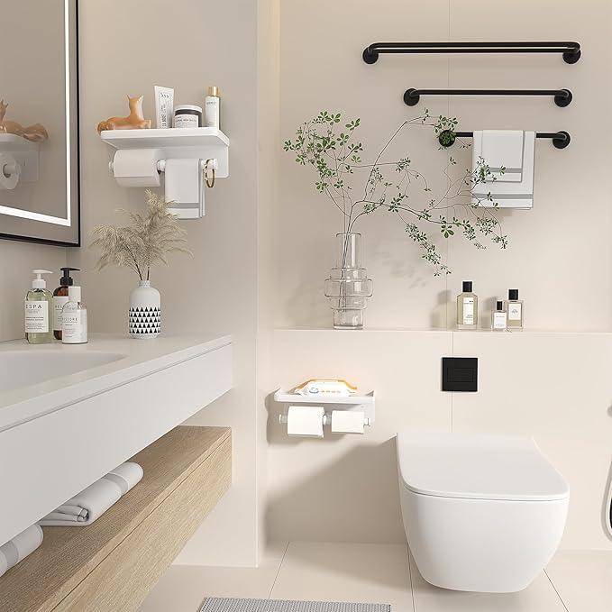 Double Toilet Paper Holder with Shelf,LigoVenmo Toilet Paper Holder Wall Mount - Modern Minimal Aluminium Design,Adhesive or Screw Bathroom White Toilet Paper Roll Holder with Wipes Storage - ModernBath