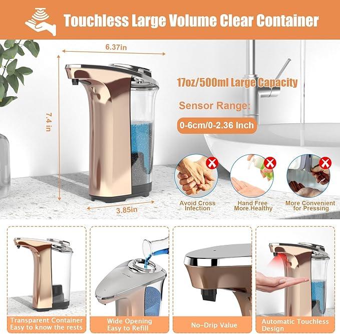 Automatic Soap Dispenser, PZOTRUF Touchless 17oz/500ml with Upgraded Infrared Sensor, 5 Adjustable Soap Dispensing Levels, Liquid Hand Soap Dispenser for Bathroom (Rose Gold) - ModernBath