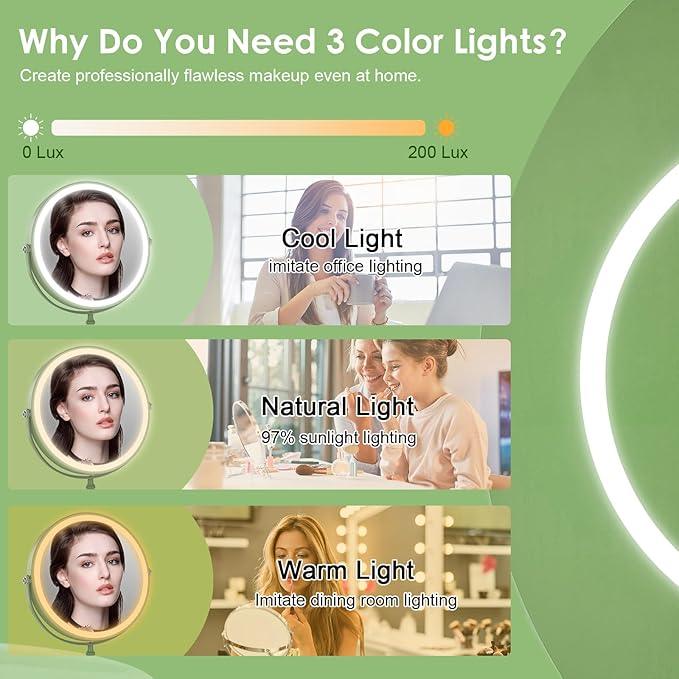 Lighted Makeup Mirror, 3000 mAh Rechargeable Double Sided Magnifying Vanity Mirror with 3 Colors, 1x/10x, 360° Rotation , Brightness Adjustable Magnification Cosmetic Light up Mirror, Women Gift - ModernBath