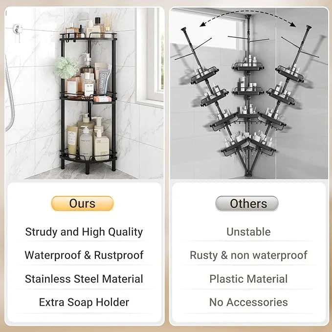 ELYKEN Corner Shower Caddy Standing, 3 Tier Rustproof Metal Shower Organizer with Soap Holder, Floor Shower Corner Shelf Rack Storage Stands with Adjustable Feet & 2 Hooks for Bathroom, Black - ModernBath