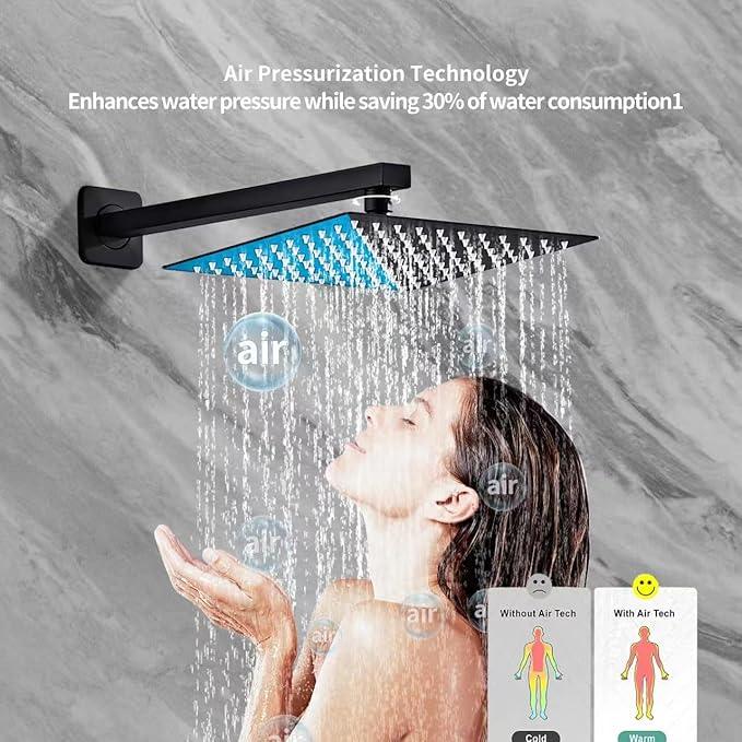 RTTWYYUU Matte Black Rainfall Shower Head, Wall Mounted 12 Inch Shower Heads with Handheld Spray Combo, Luxury Bathroom Square Rain Shower System, Solid Brass Pressure Balancd Shower Faucet Valve - ModernBath