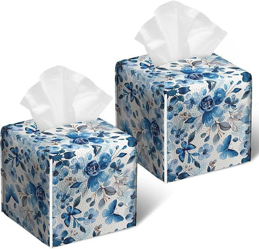 Blue Flower Tissue Box Cover 2PCS, Leather Tissue Box Holder Square Facial Paper Case Tissue Box Cube Organizer for Bathroom Bedroom Desk Office - ModernBath
