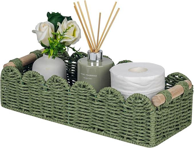 CubesLand Toilet Paper Storage Basket Scalloped Edge Home Decor Green Basket, Living Room Cozy Decor, Paper Rope Small Baskets for Over Toilet Storage Shelf, End Table, Shelves, with 2 Wooden Handles - ModernBath