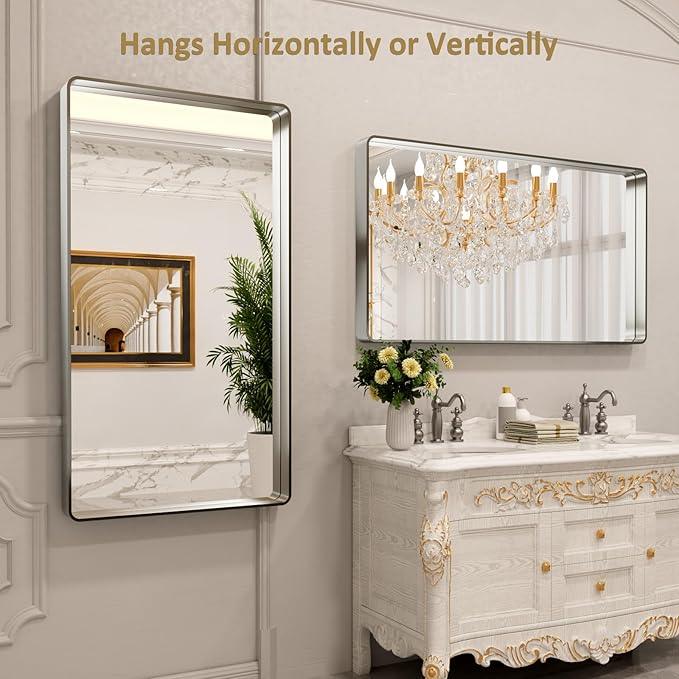 LOAAO 55X30 Inch Brushed Nickel Bathroom Mirror, Rounded Rectangle Silver Metal Frame Mirror, Brushed Nickel, Anti-Rust, Shatter Proof, Hangs Horizontally or Vertically - ModernBath