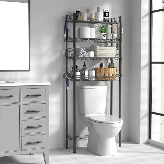Hodonas 4-Tier Over The Toilet Storage, Adjustable Over Toilet Bathroom Organizer Rack, Freestanding Bathroom Shelves Above Toilet Storage, Sturdy Bathroom Space Saver with Basket and Shelves, Gray - ModernBath