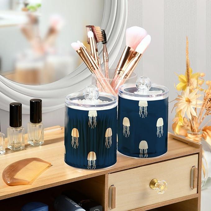 Qtip Holder Bathroom Set Q tip Cotton Ball Swab Pad Dispenser Container Organizer Plastic Jars with Lids Storage 2Pack Watercolor Sea Octopus Beige - ModernBath