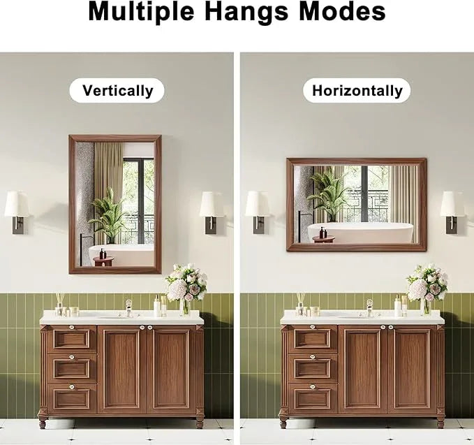 Bathroom Mirror for Over Sink,24x36Inch Thick Anti-Rust Wood Grain Metal Frame, Rectangle Decorative Wall Mirror with HD Tempered Glass, Horizontal or Vertical Mount for Vanity, Bathroom,Living Room - ModernBath