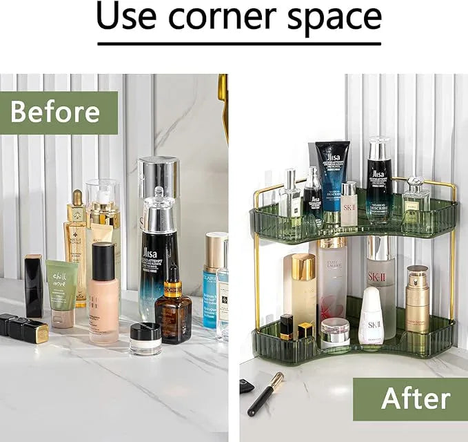 shuang qing 2-Tier Corner Bathroom Counter Organizer – Storage Shelf for Makeup, Perfume & Skincare, Space-Saving Countertop Tray Fits Bathroom, Dresser, Kitchen (Green) - ModernBath