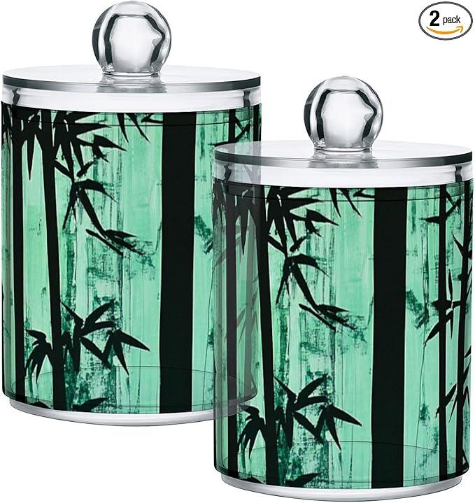 Qtip Holder Bathroom Set Q tip Cotton Ball Swab Pad Dispenser Container Organizer Plastic Jars with Lids Storage 2Pack Watercolor Green Bamboo Forest Silhouette - ModernBath