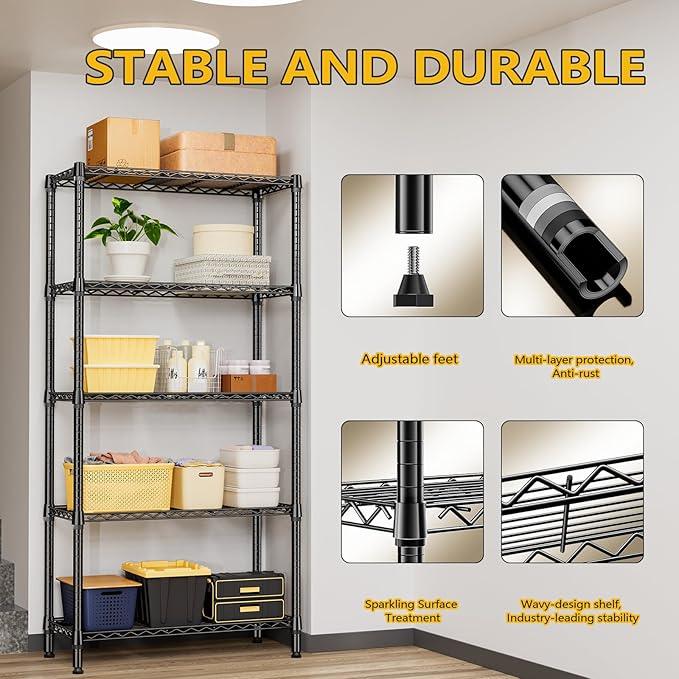 1250 lbs 5 Tier Shelf Metal Storage Shelves Shelving Wire Rack Heavy Duty Closet Organizers for Garage Kitchen Bathroom Laundry Black 15.7" D x 33.5" W x 68.5" H - ModernBath