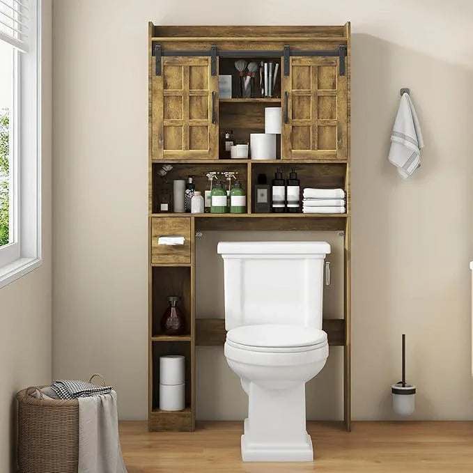 Over The Toilet Storage Cabinet, Farmhouse Storage Cabinet Over Toilet with Sliding Doors，Home Space-Saving Toilet Rack, for Bathroom, Restroom, Laundry(Brown - ModernBath