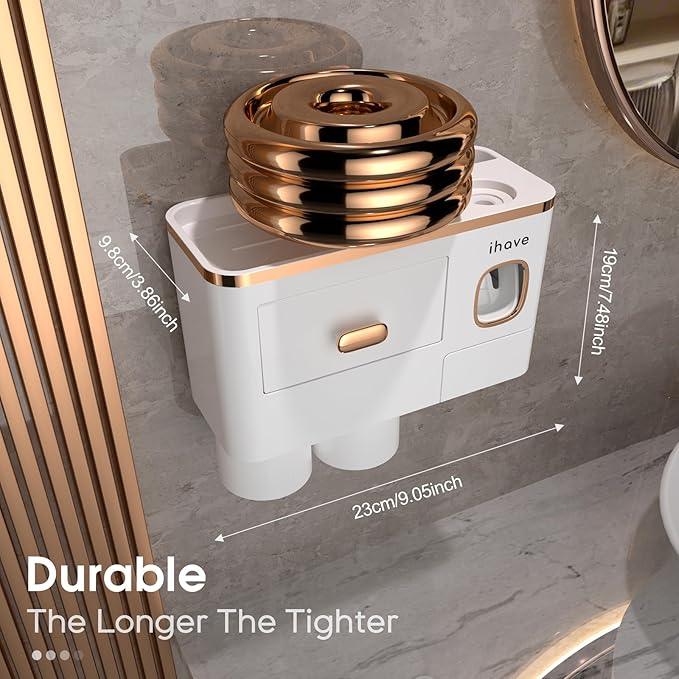 iHave Toothbrush Holders Wall Mounted with Toothpaste Dispenser & 2 Cups - Premium White and Gold Design for Bathroom Decor, All-in-One Bathroom Organizers & Storage for Toothbrushes and Accessories - ModernBath