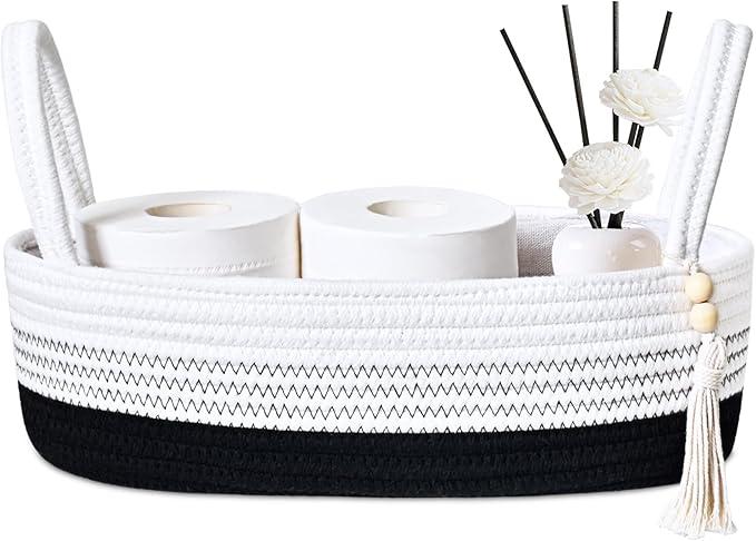 ABenkle Small Storage Basket for Toilet Tank Top - Jute Rope Woven Organizer with Handle, Boho Countertop Bathroom Decor, Toilet Paper Holder, 13x6x4 Inch - ModernBath