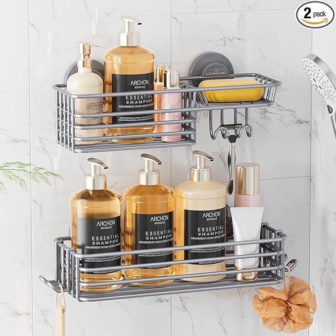 LEVERLOC Shower Caddy Suction Cup, 2 Pack Shelves for Inside with Hooks and Soap Holder, NO-Drilling Bathroom Holder, Rustproof Meatl Bathroom Organizer, Grey - ModernBath