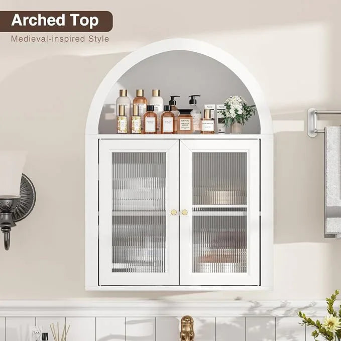 Arched Bathroom Cabinet, Wall Mounted Bathroom Cabinet with Tempered Glass Doors and Adjustable Shelf, for Kitchen, Living Room, Laundry Room, Restroom, White - ModernBath