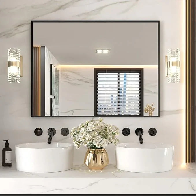 LOAAO 48"X36" Black Rectangle Bathroom Mirror Wall, Matte Black Aluminum Alloy Frame, Tempered Glass, Hangs Vertically or Horizontally, Easy to Install - ModernBath