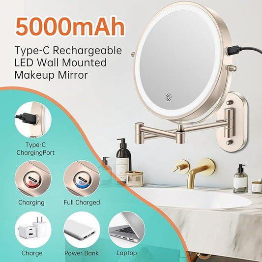 5000mAh Rechargeable Wall Mounted Lighted Makeup Vanity Mirror, Double Sided 1X 30X Magnifying Bathroom Mirror, 3 Color Lighting, Touch Screen Dimming, Extended Arm 360 Rotation Shaving Mirror - ModernBath