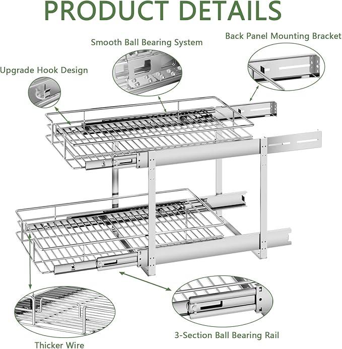 2 Tier Individual Pull Out Cabinet Organizer 13½" W x 21½" D, Heavy Duty Cabinet Pull Out Shelves, Slide Out Drawers Organization for Kitchen Cabinets Bathroom - ModernBath