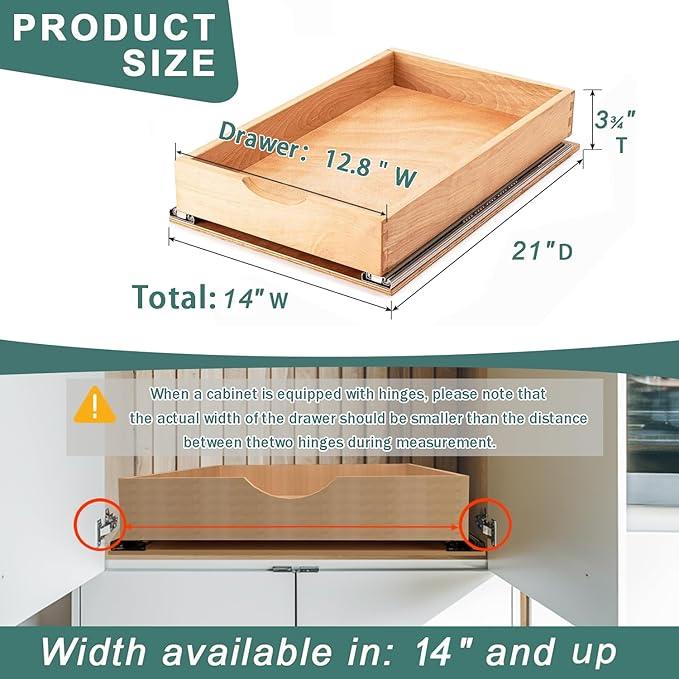 Pull Out Drawers for Kitchen Cabinets, Pull Out Cabinet Organizer, Fully Assembled Wood Cabinet Pull Out Drawer, Fast and Easy DIY Installation, 14”W x 21”D - ModernBath