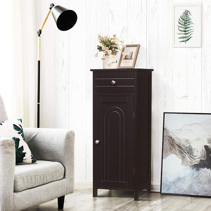 Tangkula Bathroom Floor Cabinet, Wooden Side Storage Cabinet, Freestanding Single Door Bathroom Cabinet with Large Drawer & 2 Adjustable Shelves for Living Room Kitchen (Brown) - ModernBath