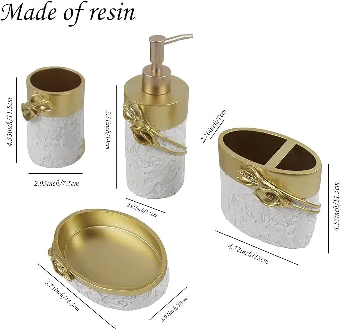 Hymmah Bathroom Accessories Set,Golden Design Toothbrush Holder,Farmhouse Bathroom Decor,4 Pcs Resin Gift Set Apartment Necessities, Contain Toothbrush Cup,Soap Dispenser,Soap Dish,Tumbler - ModernBath