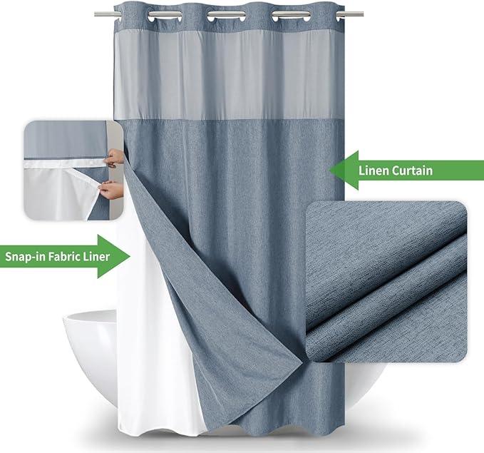 eachope Stall No Hooks Needed Linen Textured Shower Curtain with Snap-in Fabric Liner Set,Hotel Luxury Decor Farmhouse Shower Curtains for Bathroom,Waterproof & Washable,54Wx80H,Blue Grey - ModernBath