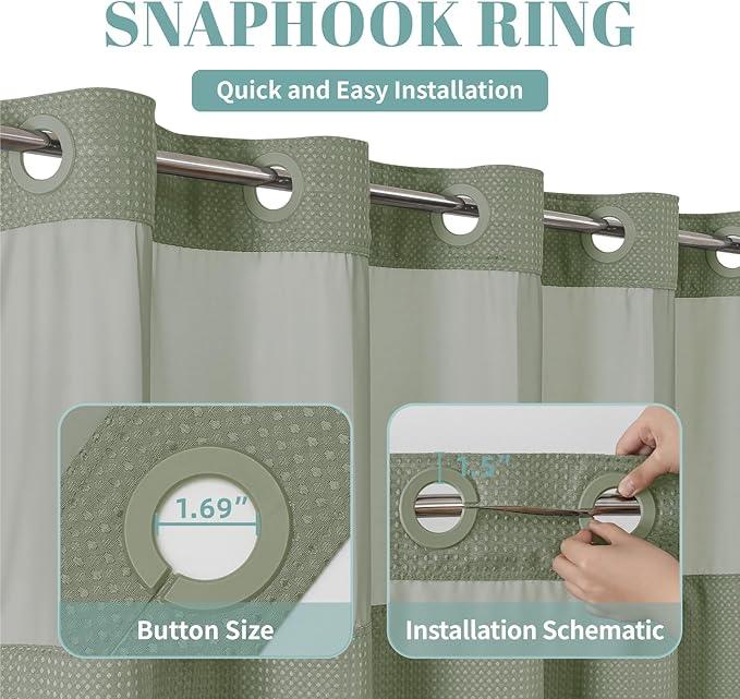eachope Stall SageGreen No Hook Waffle Weave Shower Curtain with snap-in Liner Replacement, 230GSM Waterproof Fabric Hotel Shower Curtain Set for Bathroom, Through Mesh Top Window,54Wx80H - ModernBath